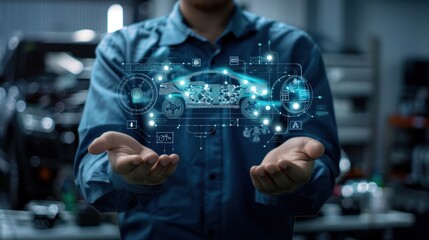 Fototapeta premium Hand of a mechanic holding a virtual shield with car service icons and checking, the customer service and repair concept.
