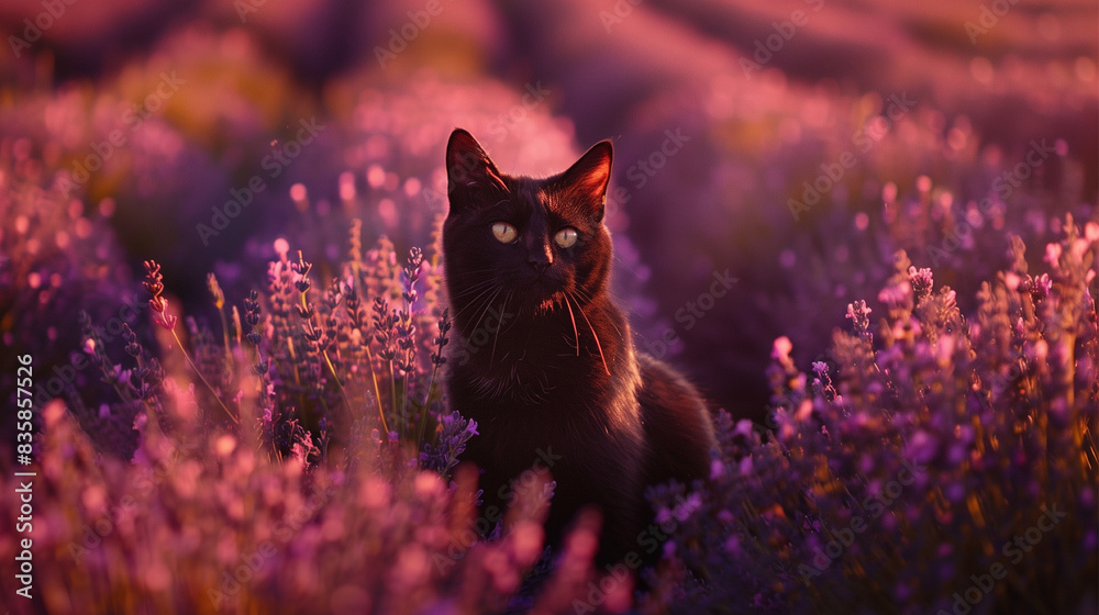 Wall mural A black cat is sitting in a field of purple flowers. The cat is looking at the camera, and the flowers are in full bloom, creating a serene and peaceful atmosphere - Wall murals