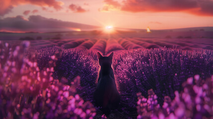 A black cat is sitting in a field of purple flowers. The cat is looking at the camera, and the flowers are in full bloom, creating a serene and peaceful atmosphere