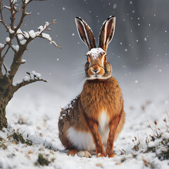 A cute  happy rabbit in forest    ,snow  around, watercolor style