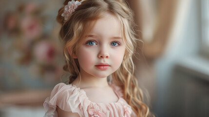 Fototapeta premium A young girl with long blonde hair and blue eyes is wearing a flowery headband. She is looking directly at the camera with a smile on her face