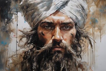 A man with a beard and turban is painted on a canvas
