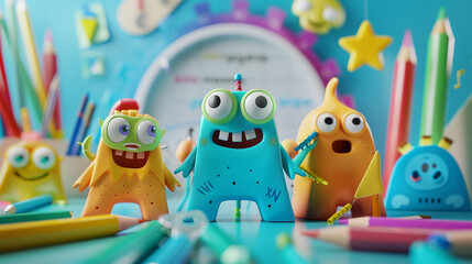 Obraz premium 3D back-to-school banner design with colorful funny protractor characters, pencils, and space for text in the background.