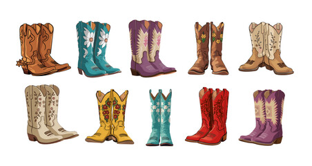 Collection of different cowgirl boots. Traditional western cowboy boots decorated with embroidered wild west ornament. Realistic vector art illustrations isolated on transparent background.