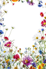 Colorful floral frame made of assorted wildflowers surrounding black space, perfect for seasonal or nature-themed design projects and backgrounds.