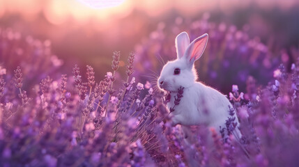 Fototapeta premium A white rabbit is standing in a field of purple flowers. The scene is peaceful and serene, with the rabbit being the only living creature in the field. The purple flowers create a calming atmosphere