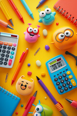 3D illustration of a back-to-school banner with colorful funny pen characters, calculators.