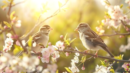 Obraz premium Birds on blooming branches, spring flowers and sunlight creating harmony.