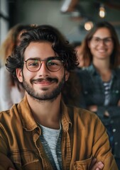 Smiling Young Man With Glasses Wearing Brown Jacket Looking At Camera