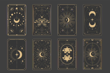Tarot reverce border magic sacred cover card frame gold line border celelstial mystery esoteric decoration with moth stars and moon on dark background.