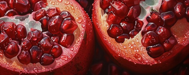 Close-up of fresh pomegranate halves with juicy seeds and water droplets