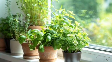 Potted herbs and vegetables on the windowsill grown using natural fertilizer.