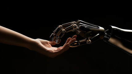 Human and robot hands reaching out, AI, Machine learning, Robot and human touching on big data, Science and artificial intelligence digital technologies of futuristic