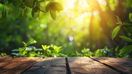 Obraz premium Empty wooden table with blurred spring background, green leaves and sunlight in the forest.