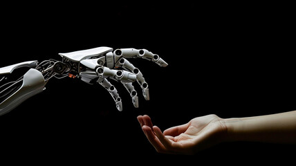 Human and robot hands reaching out, AI, Machine learning, Robot and human touching on big data, Science and artificial intelligence digital technologies of futuristic