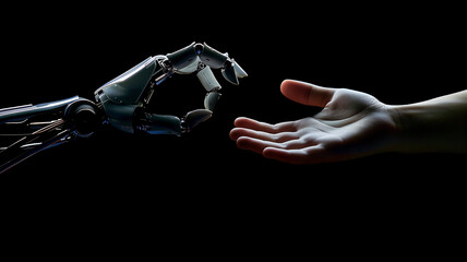 Human and robot hands reaching out, AI, Machine learning, Robot and human touching on big data, Science and artificial intelligence digital technologies of futuristic
