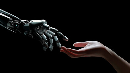 Human and robot hands reaching out, AI, Machine learning, Robot and human touching on big data, Science and artificial intelligence digital technologies of futuristic