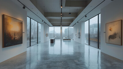 Futuristic art gallery, direct angle, open perspective. Future