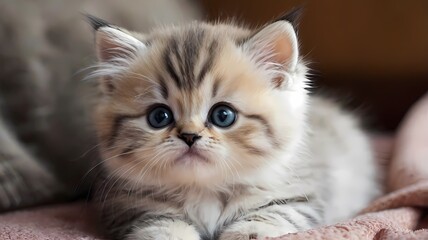 little kitten cosily lying down and looking at the camera, cute kitten