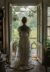 A woman in a white dress is standing in a doorway looking out at a field.