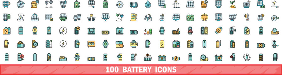 100 battery icons set. Color line set of battery vector icons thin line color flat on white