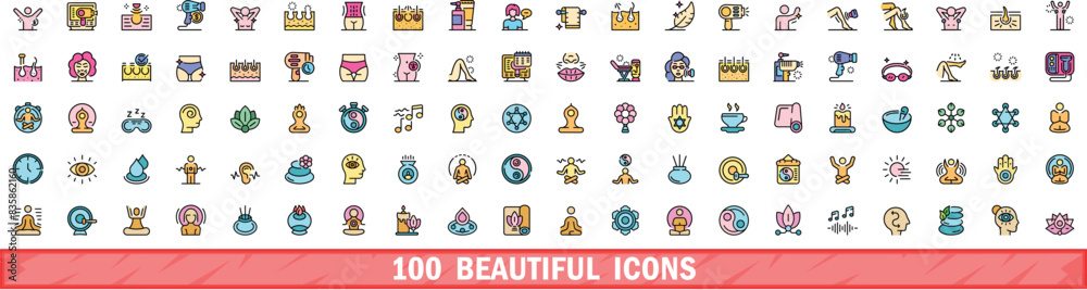 Wall mural 100 beautiful icons set. color line set of beautiful vector icons thin line color flat on white