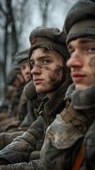 Fototapeta premium Portrait of a young soldier in the snow