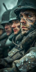 A group of soldiers in the rain.