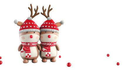 Cute twin reindeer figurines wearing red hats and scarves, perfect for Christmas holiday decorations or festive season illustrations.