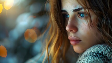 Close Up Portrait of a Young Woman with Blue Eyes and Freckles