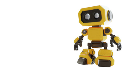 3D rendering of a cute yellow robot with rounded edges, standing against a transparent background, png. Ideal for tech and robotics themes.