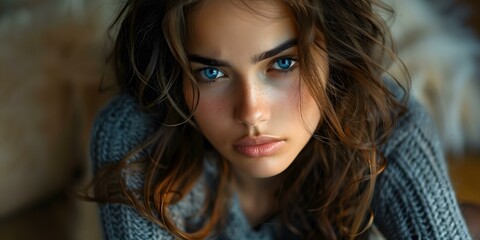 Fototapeta premium portrait of a beautiful young woman with blue eyes and brown hair