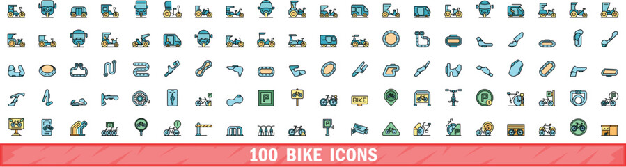 100 bike icons set. Color line set of bike vector icons thin line color flat on white