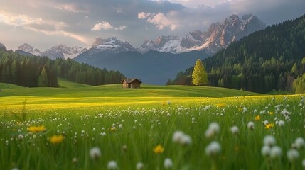 Idyllic alpine landscape with blooming spring meadows, snow-capped mountains, and clear blue skies