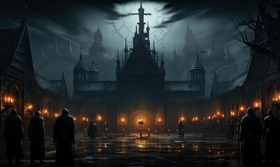 Group of People in Front of Castle. Generative AI