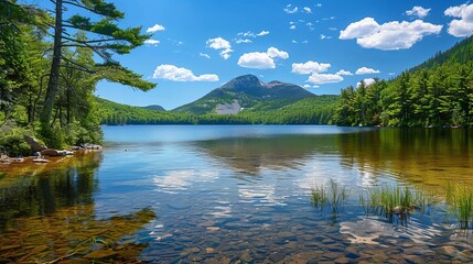 Tranquil summer scene: lake chocorua, new hampshire - peaceful mountain lake amidst lush greenery