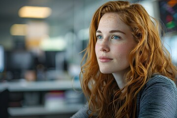 portrait of a young woman with red hair and blue eyes