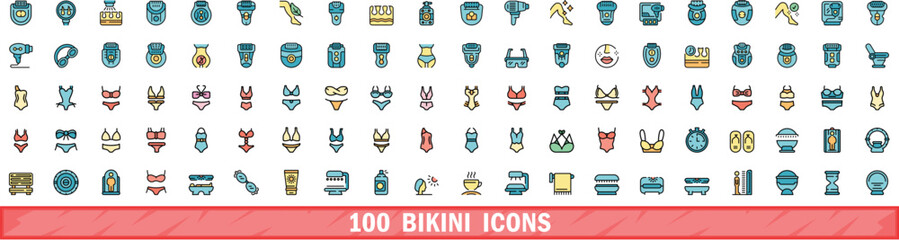 100 bikini icons set. Color line set of bikini vector icons thin line color flat on white