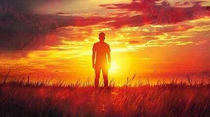 Silhouette of a man at sunrise with a scenic sky in tranquil natural setting