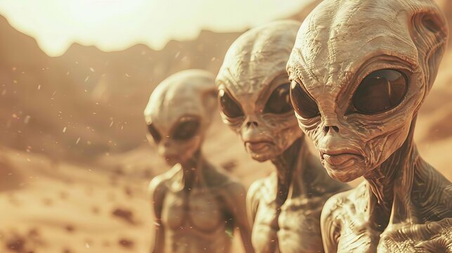 Extraterrestrials exploring a desert landscape, Scifi, Neon and sand colors, 3D rendering, Imagining alien life on Earth