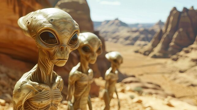 Extraterrestrials exploring a desert landscape, Scifi, Neon and sand colors, 3D rendering, Imagining alien life on Earth