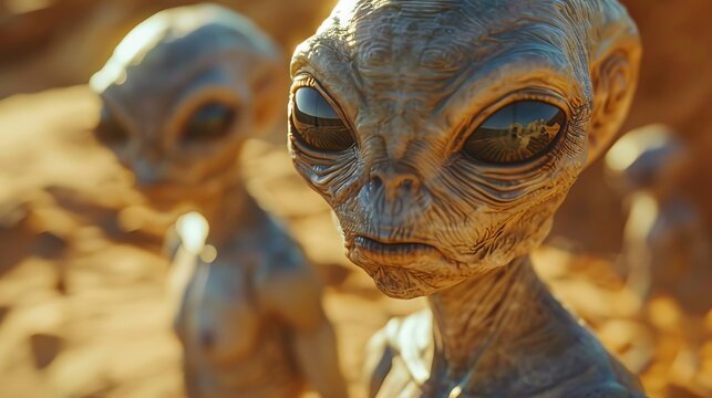 Extraterrestrials exploring a desert landscape, Scifi, Neon and sand colors, 3D rendering, Imagining alien life on Earth