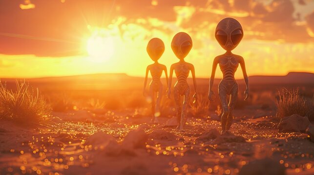 Extraterrestrials exploring a desert landscape, Scifi, Neon and sand colors, 3D rendering, Imagining alien life on Earth