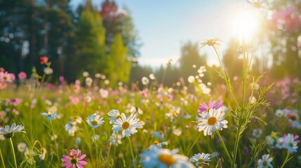 Fototapeta premium Sunny meadow with abundant white and pink spring daisies in early summer, nature landscape in estonia