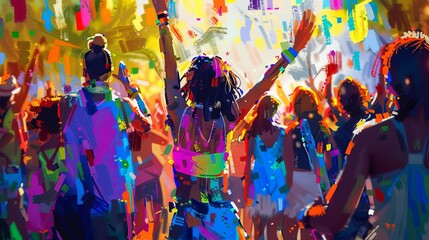 Freedom Fest, outdoor festival, live music, dancing, local food stalls, vibrant community celebration, digital painting