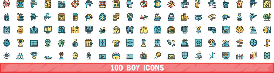 100 boy icons set. Color line set of boy vector icons thin line color flat on white