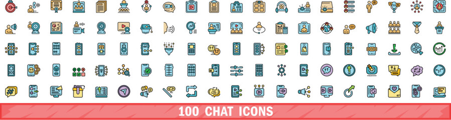 100 chat icons set. Color line set of chat vector icons thin line color flat on white
