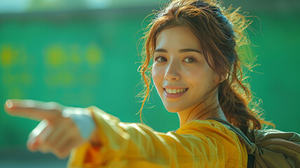 woman pointing while green background, generative ai