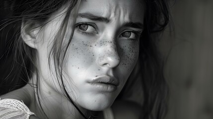 Intense Gaze of a Young Woman with Freckles