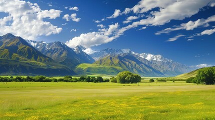 Obraz premium Vibrant summer landscape: majestic mountains, verdant fields, and azure skies in south island, new zealand